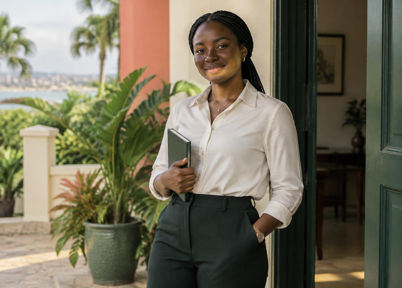 Une professionnelle qualifiée, souriante, prête pour sa mission à Libreville